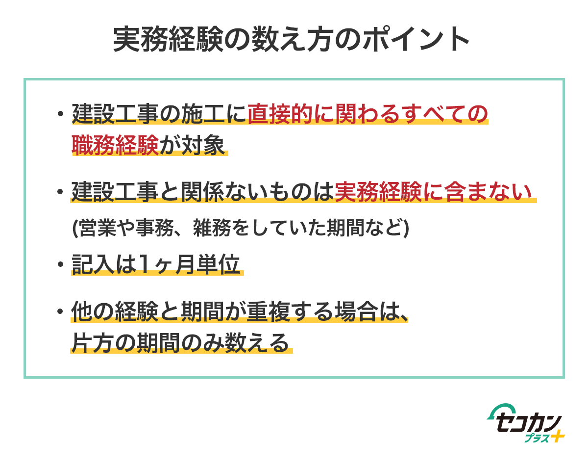 実務経験の数え方のポイント　建設工事の施工に直接的に関わるすべての職務経験が対象　建設工事と関係ないものは実務経験に含まない（営業や事務、雑務をしていた期間など）　記入は1ヶ月単位　他の経験と期間が重複する場合は、片方の期間のみ数える